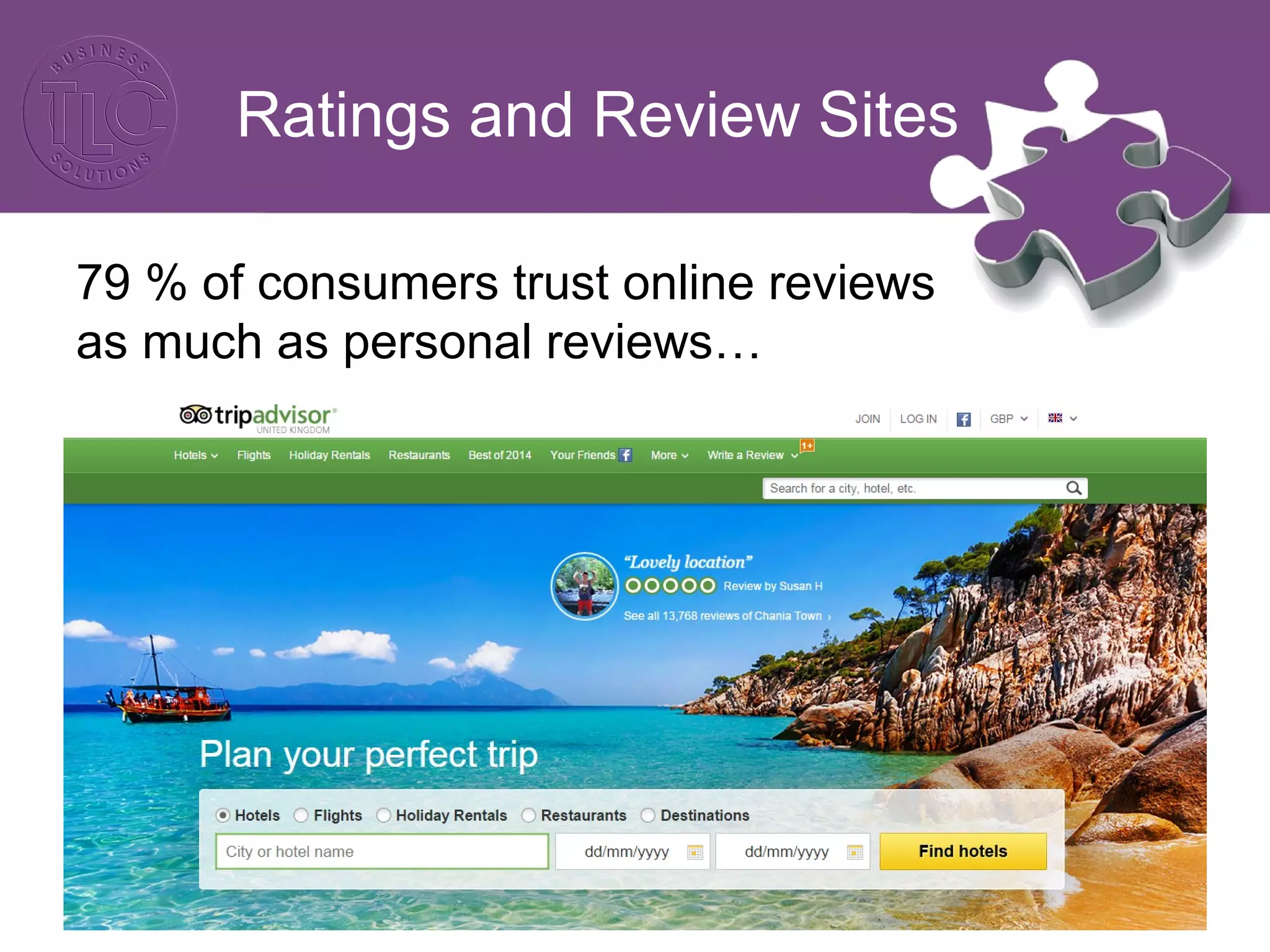Ratings and Review Sites 
79 % of consumers trust online reviews 
as much as personal reviews… 
 