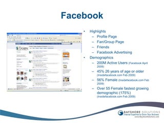 FacebookHighlightsProfile PageFan/Group PageFriendsFacebook AdvertisingDemographics200M Active Users (Facebook April 2009)45% 26 years of age or older (Insidefacebook.com Feb 2009)56% Female (Insidefacebook.com Feb 2009)Over 55 Female fastest growing demographic (175%) (Insidefacebook.com Feb 2009) 