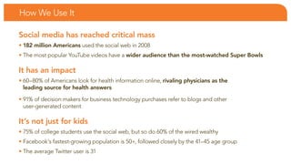 How We use it

Social media has reached critical mass
• 182 million Americans used the social web in 2008
• the most popular youtube videos have a wider audience than the most-watched Super Bowls

It has an impact
• 60–80% of americans look for health information online, rivaling physicians as the
  leading source for health answers

• 91% of decision makers for business technology purchases refer to blogs and other
  user-generated content

It’s not just for kids
• 75% of college students use the social web, but so do 60% of the wired wealthy
• facebook’s fastest-growing population is 50+, followed closely by the 41–45 age group
• the average twitter user is 31
 