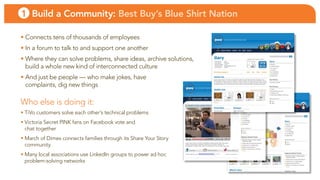 1 Build a Community: Best Buy’s Blue Shirt Nation

• connects tens of thousands of employees
• in a forum to talk to and support one another
• Where they can solve problems, share ideas, archive solutions,
  build a whole new kind of interconnected culture
• and just be people — who make jokes, have
  complaints, dig new things

Who else is doing it:
• TiVo customers solve each other’s technical problems
• Victoria Secret PINK fans on Facebook vote and
  chat together
• March of Dimes connects families through its share your story
  community
• Many local associations use linkedin groups to power ad hoc
  problem-solving networks
 