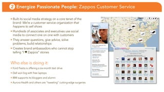 2 Energize Passionate People: Zappos Customer Service

• built its social media strategy on a core tenet of the
  brand: We’re a customer service organization that
  happens to sell shoes
• Hundreds of associates and executives use social
  media to connect one on one with customers
• they answer questions, give advice, solve
  problems, build relationships
• creates brand ambassadors who cannot stop
  telling “i ♥ Zappos” stories


Who else is doing it:
• ford fiesta is offering a six-month test drive
• Dell won big with free laptops
• ibM supports its bloggers and alumni
• aurora Health and others are “tweeting” cutting-edge surgeries
 
