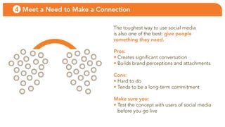 4 Meet a Need to Make a Connection

                             the toughest way to use social media
                             is also one of the best: give people
                             something they need.

                             Pros:
                             • creates significant conversation
                             • builds brand perceptions and attachments

                             Cons:
                             • Hard to do
                             • tends to be a long-term commitment

                             Make sure you:
                             • test the concept with users of social media
                               before you go live
 