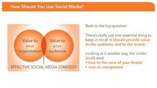 How Should You Use Social Media?



                                   back to the big question.

                                   there’s really just one essential thing to
     Value to     Value to         keep in mind: It should provide value
       your         your           to the audience and to the brand.
   organization   audience
                                   looking at it another way, the circles
                                   could read:
                                   • true to the core of your brand
eFFeCTIVe SoCIaL MeDIa STraTeGy    • new or unexpected
 