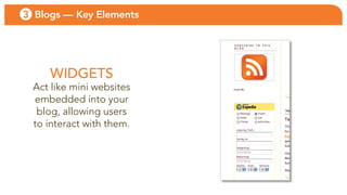 3 Blogs — Key Elements




     WIDGETS
 act like mini websites
 embedded into your
  blog, allowing users
 to interact with them.
 