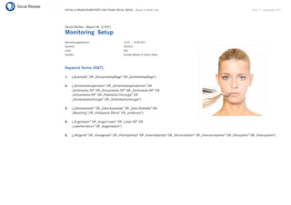 AKTUELLE BRANCHENREPORTS ZUM THEMA SOCIAL MEDIA – Beauty & Health Care                                                       Seite 11 . September 2011




Social Review - Report Nr. 3/2011
Monitoring Setup
Betrachtungszeitraum:                      15.07. – 15.08.2011
Sprache:                                   Deutsch
Land:                                      Alle
Quellen:                                   Soziale Medien & Online News



Keyword Terms (KWT):

1.   („Kosmetik“ OR „Schoenheitspﬂege“ OR „Schönheitspﬂege“)

2.   („Schoenheitsoperation“ OR „Schönheitsoperationen“ OR
     „Schönheits OP“ OR „Schoenheits OP“ OR „Schönheits-OP“ OR
     „Schoenheits-OP“ OR „Plastische Chirurgie“ OR
     „Schoenheitschirurgie“ OR „Schönheitschirurgie“)

3.   („Zahnkosmetik“ OR „Zahn-Kosmetik“ OR „Zahn-Ästhetik“ OR
     „Bleaching“ OR „Hollywood Zähne“ OR „smilecare“)

4.   („Augenlaser“ OR „Augen-Laser“ OR „Laser-OP“ OR
     „Laserkorrektur“ OR „Augenlasern“)

5.   („Hörgerät“ OR „Hoergeraet“ OR „Hörimplantat“ OR „Hoerimplantat“ OR „Hörverstärker“ OR „Hoerverstaerker“ OR „Hörsystem“ OR „Hoersystem“)
 