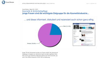 AKTUELLE BRANCHENREPORTS ZUM THEMA SOCIAL MEDIA – Beauty & Health Care      Seite 15 . September 2011




Social Review - Report Nr. 3/2011
Kosmetik & Schönheitspﬂege
Junge Frauen sind die wichtigste Zielgruppe für die Kosmetikindustrie...

   ... und diese informiert, diskutiert und rezensiert auch schon ganz eifrig.




Knapp 79% der Kommentare wurden von Frauen erstellt. Das Interesse der
Zielgruppe im Vergleich zur männlichen Sparte ist daher signiﬁkant höher.
Aber auch für die männliche Zielgruppe gewinnt das Thema Kosmetik, wie
auch in der Ofﬂine-Ansprache, immer mehr an Bedeutung.
 
