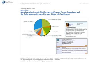 AKTUELLE BRANCHENREPORTS ZUM THEMA SOCIAL MEDIA – Beauty & Health Care                                                           Seite 48 . September 2011




Social Review - Report Nr. 3/2011
Augenlaser
Auch branchenfremde Plattformen greifen das Thema Augenlaser auf.
Die Zielgruppe sucht auch hier den Dialog mit Fachleuten.




Auf bekannten Plattformen mit zahlreichen Usern wird das Thema Augenla-   potenzielle Ansatzpunkte für Aufklärungsarbeit und die Generierung von
sern ebenso angesprochen wie in fachspeziﬁschen Communities. Oftmals      Neukunden.
werden diese zum allgemeinen Austausch der Zielgruppe genutzt und sind
 