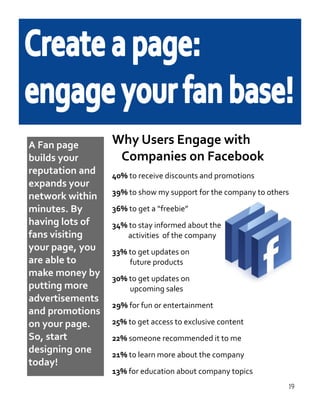 Why Users Engage with
Companies on Facebook
40% to receive discounts and promotions
39% to show my support for the company to others
36% to get a “freebie”
34% to stay informed about the
activities of the company
33% to get updates on
future products
30% to get updates on
upcoming sales
29% for fun or entertainment
25% to get access to exclusive content
22% someone recommended it to me
21% to learn more about the company
13% for education about company topics
A Fan page
builds your
reputation and
expands your
network within
minutes. By
having lots of
fans visiting
your page, you
are able to
make money by
putting more
advertisements
and promotions
on your page.
So, start
designing one
today!
19
 