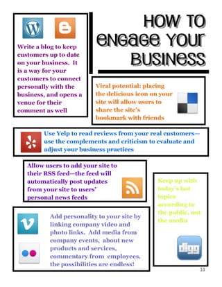 Write a blog to keep
customers up to date
on your business. It
is a way for your
customers to connect
personally with the
business, and opens a
venue for their
comment as well
Viral potential: placing
the delicious icon on your
site will allow users to
share the site’s
bookmark with friends
Use Yelp to read reviews from your real customers—
use the complements and criticism to evaluate and
adjust your business practices
Allow users to add your site to
their RSS feed—the feed will
automatically post updates
from your site to users’
personal news feeds
Keep up with
today’s hot
topics
according to
the public, not
the media
Add personality to your site by
linking company video and
photo links. Add media from
company events, about new
products and services,
commentary from employees,
the possibilities are endless!
33
 