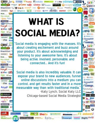 “Social media is engaging with the masses. It's
about creating excitement and buzz around
your product. It's about acknowledging and
listening to your awesome fans. It's about
being active, involved, personable, and
connected... And it's fun!
Social media is also incredibly valuable. It can
expose your brand to new audiences, funnel
online discussions into a medium you can
control, and get results faster and in a more
measurable way than with traditional media.”
-Katy Lynch, Social Katy LLC
Chicago-based Social Media Strategist
 