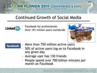 Continued Growth of Social Media Facebook for professionals Over 101 million users worldwide More than 750 million active users  50% of active users log on to Facebook in any given day  Average user has 130 friends  People spend over 700 billion minutes per month on Facebook  