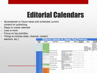 Editorial Calendars
- Spreadsheet w/ future ideas and schedules current
content for publishing.
- Steps to create calendar
- Less is more
- Focus on top priorities
- Things to include (date, channel, content
element, etc.)
 