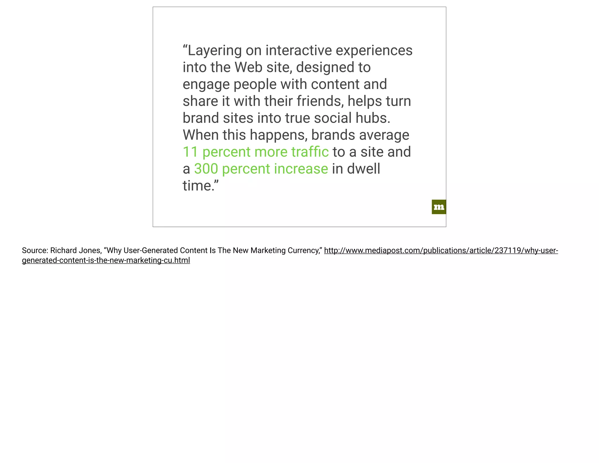 m 
“Layering on interactive experiences 
into the Web site, designed to 
engage people with content and 
share it with their friends, helps turn 
brand sites into true social hubs. 
When this happens, brands average 
11 percent more traffic to a site and 
a 300 percent increase in dwell 
time.” 
Source: Richard Jones, “Why User-Generated Content Is The New Marketing Currency,” http://www.mediapost.com/publications/article/237119/why-user-generated- 
content-is-the-new-marketing-cu.html 
 