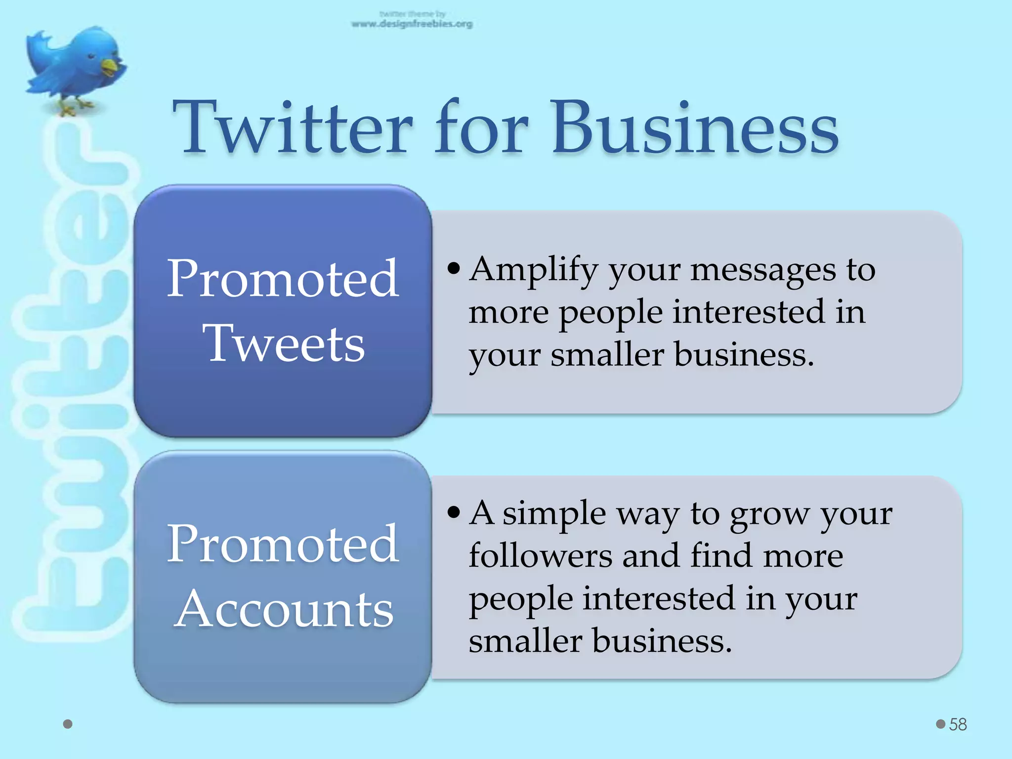 Twitter for Business
•Amplify your messages to
more people interested in
your smaller business.
Promoted
Tweets
•A simple way to grow your
followers and find more
people interested in your
smaller business.
Promoted
Accounts
58
 