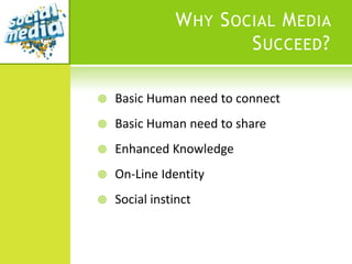 W HY S OCIAL M EDIA
                        S UCCEED ?

   Basic Human need to connect
   Basic Human need to share
   Enhanced Knowledge
   On-Line Identity
   Social instinct
 