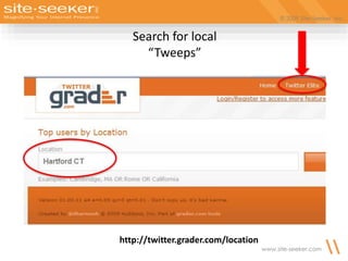 © 2009 Site-Seeker, Inc.
www.site-seeker.com
Search for local
“Tweeps”
http://twitter.grader.com/location
 