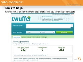 © 2009 Site-Seeker, Inc.
www.site-seeker.com
Tools to help…
Twuffer.com is one of the many tools that allows you to “queue” up tweets
 