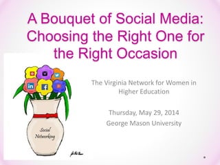 A Bouquet of Social Media:
Choosing the Right One for
the Right Occasion
The Virginia Network for Women in
Higher Education
Thursday, May 29, 2014
George Mason University
 