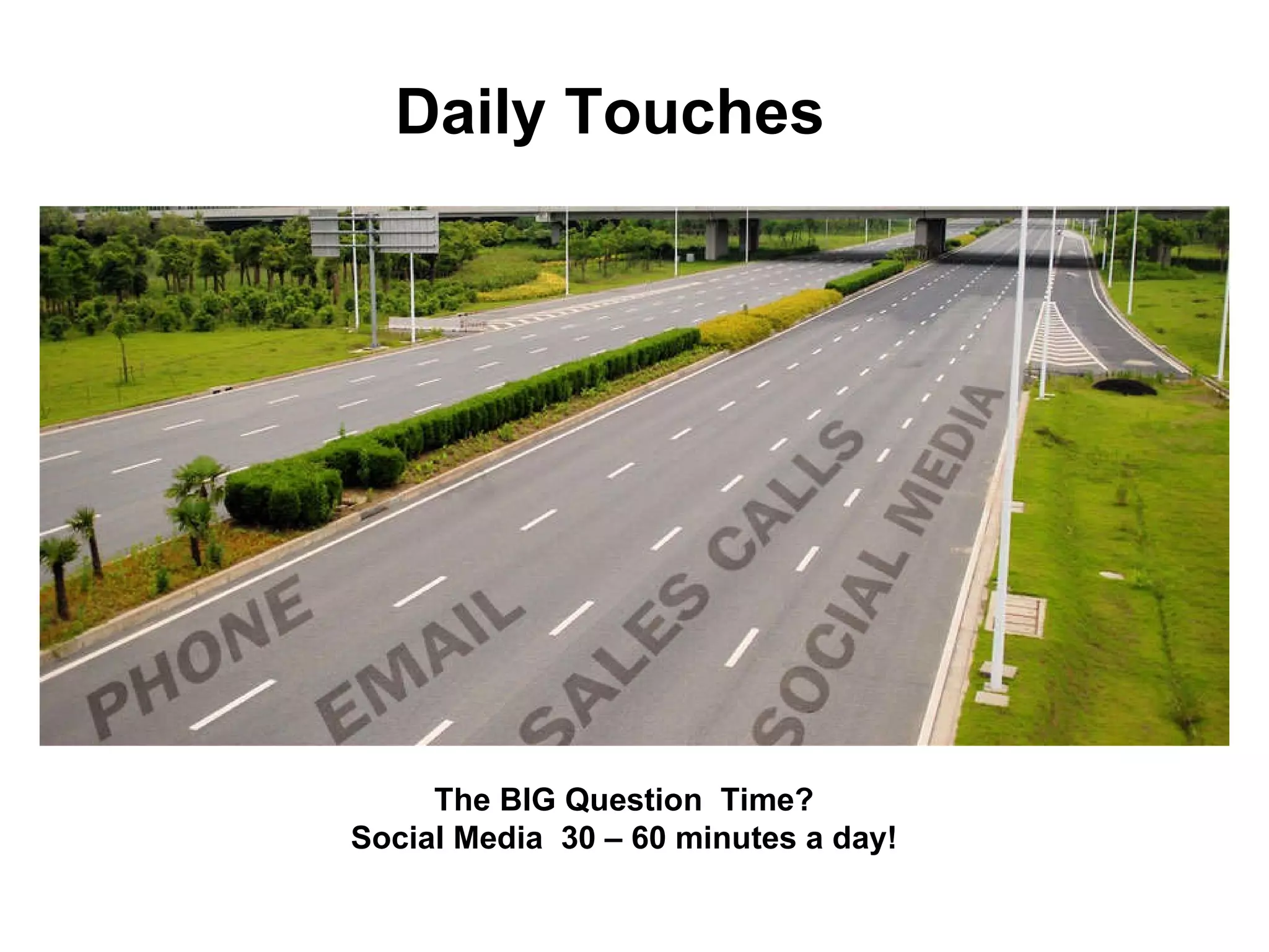 Daily Touches  The BIG Question  Time? Social Media  30 – 60 minutes a day! 
