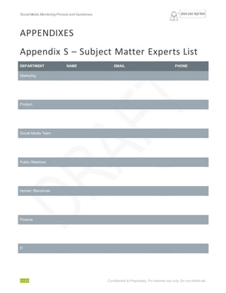 Social Media Monitoring Process and Guidelines.
21/23 Confidential & Proprietary. For internal use only. Do not distribute.
APPENDIXES
Appendix S – Subject Matter Experts List
DEPARTMENT NAME EMAIL PHONE
Marketing
Product
Social Media Team
Public Relations
Human Resources
Finance
IT
 