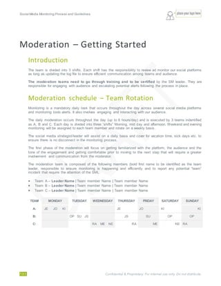 Social Media Monitoring Process and Guidelines.
7/23 Confidential & Proprietary. For internal use only. Do not distribute.
Moderation – Getting Started
Introduction
The team is divided into 3 shifts. Each shift has the responsibility to review ad monitor our social platforms
as long as updating the log file to ensure efficient communication among teams and audience.
The moderation teams need to go through training and to be certified by the SM leader. They are
responsible for engaging with audience and escalating potential alerts following the process in place.
Moderation schedule – Team Rotation
Monitoring is a mandatory daily task that occurs throughout the day across several social media platforms
and monitoring tools alerts. It also involves engaging and interacting with our audience.
The daily moderation occurs throughout the day (up to 6 hours/day) and is executed by 3 teams indentified
as A, B and C. Each day is divided into three “shifts” Morning, mid day and afternoon. Weekend and evening
monitoring will be assigned to each team member and rotate on a weekly basis.
The social media strategist/leader will assist on a daily basis and cover for vacation time, sick days etc. to
ensure there is no disconnect in the monitoring process.
The first phase of the moderation will focus on getting familiarized with the platform, the audience and the
tone of the engagement and getting comfortable prior to moving to the next step that will require a greater
involvement and communication from the moderator.
The moderation team is composed of the following members (bold first name to be identified as the team
leader, responsible to ensure monitoring is happening and efficiently and to report any potential “team”
incident that require the attention of the SML.
 Team A – Leader Name | Team member Name | Team member Name
 Team B – Leader Name | Team member Name | Team member Name
 Team C – Leader Name | Team member Name | Team member Name
TEAM MONDAY TUESDAY WEDNESDAY THURSDAY FRIDAY SATURDAY SUNDAY
A: JE JO KI JE JO KI KI
B: OP SU JS JS SU OP OP
C: RA ME NE RA ME NE RA
 