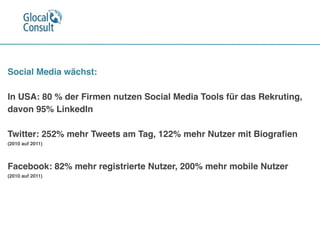 Social Media wächst:

In USA: 80 % der Firmen nutzen Social Media Tools für das Rekruting, 
davon 95% LinkedIn

Twitter: 252% mehr Tweets am Tag, 122% mehr Nutzer mit Biograﬁen
(2010 auf 2011)

Facebook: 82% mehr registrierte Nutzer, 200% mehr mobile Nutzer 
(2010 auf 2011)
 