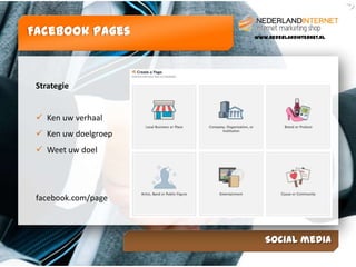Facebook Pages        www.NederlandInternet.nl




 Strategie


  Ken uw verhaal
  Ken uw doelgroep
  Weet uw doel




 facebook.com/page



                         Social media
 