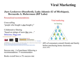 Viral Marketing
Jure Leskovec (Stanford), Lada Adamic (U of Michigan),
   Bernardo A. Huberman (HP Labs)
Personalized recommendations
                                                          Viral marketing
Cross-selling
“people who bought x also bought y”

Collaborative filtering
“based on ratings of users like you…”
Delicious, Digg.com



                                           68% of consumers consult friends and family
                                           before purchasing home electronics
                                           (Burke 2003)

Success rate: # of purchases following a
recommendation / # recommenders
Books overall have a 3% success rate
 