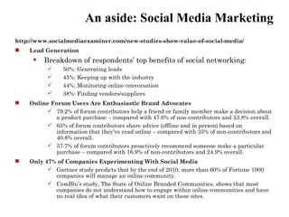 An aside: Social Media Marketing
http://www.socialmediaexaminer.com/new-studies-show-value-of-social-media/
   Lead Generation
        Breakdown of respondents’ top benefits of social networking:
               50%: Generating leads
               45%: Keeping up with the industry
               44%: Monitoring online conversation
               38%: Finding vendors/suppliers
   Online Forum Users Are Enthusiastic Brand Advocates
           79.2% of forum contributors help a friend or family member make a decision about
            a product purchase – compared with 47.6% of non-contributors and 53.8% overall.
           65% of forum contributors share advice (offline and in person) based on
            information that they’ve read online – compared with 35% of non-contributors and
            40.8% overall.
           57.7% of forum contributors proactively recommend someone make a particular
            purchase – compared with 16.9% of non-contributors and 24.9% overall.
   Only 47% of Companies Experimenting With Social Media
           Gartner study predicts that by the end of 2010, more than 60% of Fortune 1000
            companies will manage an online community.
           ComBlu’s study, The State of Online Branded Communities, shows that most
            companies do not understand how to engage within online communities and have
            no real idea of what their customers want on these sites.
 