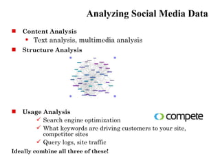 Analyzing Social Media Data
   Content Analysis
       Text analysis, multimedia analysis
   Structure Analysis




   Usage Analysis
        Search engine optimization
        What keywords are driving customers to your site,
          competitor sites
        Query logs, site traffic
Ideally combine all three of these!
 