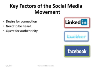 Key Factors of the Social MediaMovement<br />Desire for connection<br />Need to be heard<br />Quest for authenticity<br />...