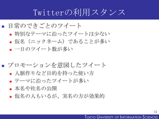 Twitterå
?   ճΤǤȤΥĥ`
    ?   ؄eʥƩ`ޤؤäĥ`Ȥ٤ʤ
    ?   ˥åͩ`ࣩǤ뤳Ȥत
    ?   һդΥĥ`त


?   ץ`ĥ`
    ?   }ʤĿĤ֤äʹ
    ?   Ʃ`ޤؤäĥ`Ȥत
    ?   ι_
    ?   ˤ⤤뤬gη

                                                           12
                     TOKYO UNIVERSITY OF ITOKYO JOHO USCIENCES
                                          NFORMATION NIVERSITY
 