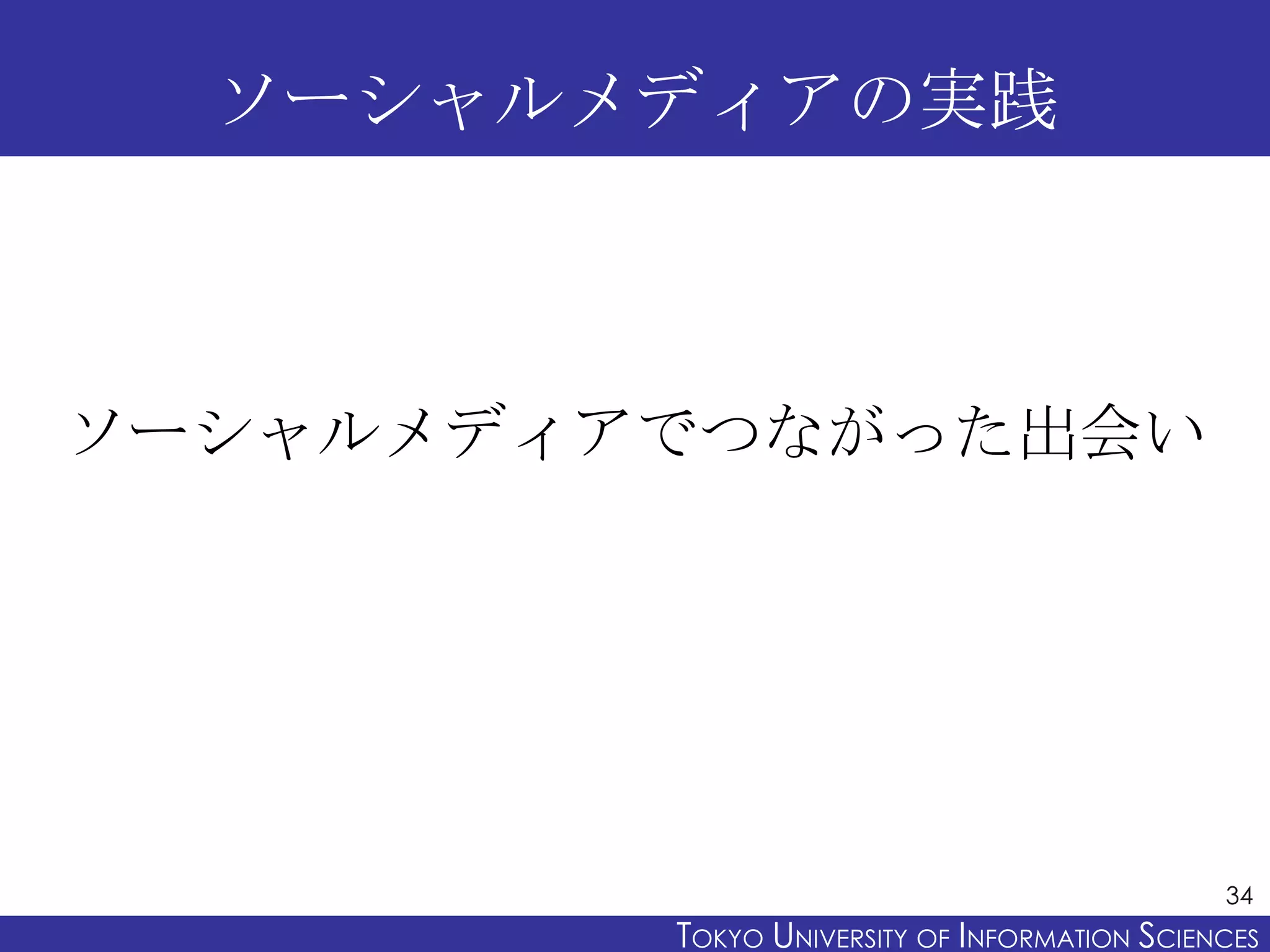 ソーシャルメディアの実践



ソーシャルメディアでつながった出会い




                                               34
         TOKYO UNIVERSITY OF ITOKYO JOHO USCIENCES
                              NFORMATION NIVERSITY
 