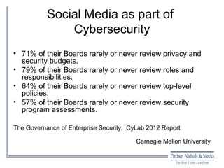 Social Media as part of
               Cybersecurity
• 71% of their Boards rarely or never review privacy and
  security budgets.
• 79% of their Boards rarely or never review roles and
  responsibilities.
• 64% of their Boards rarely or never review top-level
  policies.
• 57% of their Boards rarely or never review security
  program assessments.

The Governance of Enterprise Security: CyLab 2012 Report

                                         Carnegie Mellon University
 