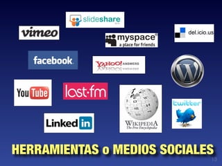 HERRAMIENTAS o MEDIOS SOCIALES
                             13
 