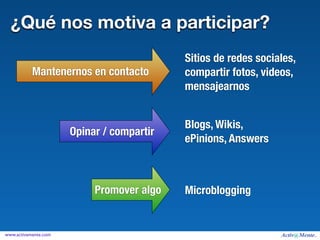 ¿Qué nos motiva a participar?
                                           Sitios de redes sociales,
           Mantenernos en contacto         compartir fotos, videos,
                                           mensajearnos


                                           Blogs, Wikis,
                      Opinar / compartir
                                           ePinions, Answers



                           Promover algo   Microblogging


www.activamente.com
 