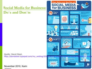 November 2010, Karin
Social Media for Business:
Do`s and Don`ts
Quelle: David Steel,
http://davidsteel.typepad.com/my_webl...