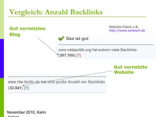 November 2010, Karin
Vergleich: Anzahl Backlinks
Gut vernetztes
Blog
Gut vernetzte
Website
Website-Check z.B.
http://www.seitwert.de
 
