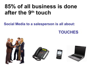 85% of all business is done after the 9 th  touch Social Media to a salesperson is all about:  TOUCHES 
