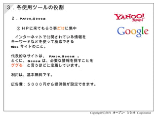 ３．各使用ツールの役割 Copyright(C)2011  オープン・ソシオ  Corporation ２． Yahoo,Google 　インターネットで公開されている情報を キーワードなどを使って検索できる Web サイトのこと。 代表的なサイトは、  Yahoo,Google   。 とくに、 Google は、必要な情報を探すことを ググる 　と言うほどに定着しています。  利用は、基本無料です。 広告費：５０００円から提供側が設定できます。 　 ① ＨＰに来てもらう事 だけ に集中 