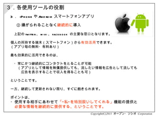 ３．各使用ツールの役割 Copyright(C)2011  オープン・ソシオ  Corporation 3 ．  iPhone や Android スマートフォン アプリ 　上記の twitter 、 mixi 、 facebook  の主要な窓口となります。 個人の所持する端末（スマートフォン）から 有効活用 できます。 （アプリ毎の無料・有料あり） 最も効果的に活用できるのは、 　・常にかつ継続的にコンタクトをとることが可能 　　（アプリとして情報を無償提供しても、流したい情報を広告として流しても 　　　広告を表示することで収入を得ることも可） ということです。 　 一方、継続して更新されない限り、すぐに飽きられます。 ポイントは、 ・使用する相手にあわせて 「“私”を特別扱いしてくれる」 機能の提供と 　 必要な情報を継続的に提供する、ということです。 ② 嫌がられることなく 継続的に 導入 