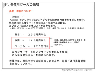 　参考　有料について 　 一般的に・・・ 　 Android   アプリでも iPhone アプリでも開発専門業者を委託した場合、 　弊社が相対見積もり（１０社以上）を取った経験上、 　だいたい下記のようなコストがかかります。 　　（条件：１アプリ ( １Ｋ step) のプログラム開発（１か月）～結合テストまでを１カ月 専任させる場合） 　 　　日本　->　２００万円以上 　　　 　　　中国　->　１４０万円以上 　　　ベトナム　->　１２０万円以上 　　かつデザイナー会社にデザインを委託した場合、 　　さらなる開発コストを求められます。 　弊社では、開発そのものは実施しませんが、企画～運用支援管理 　を実施しています。 Copyright(C)2011 open-socio Corporation 別途、海外開発 ( オフショア開発 ) を 管理する経験を持った人間が 必須です。 ４．各使用ツールの説明 