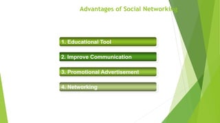 Advantages of Social Networking
1. Educational Tool
2. Improve Communication
3. Promotional Advertisement
4. Networking
 