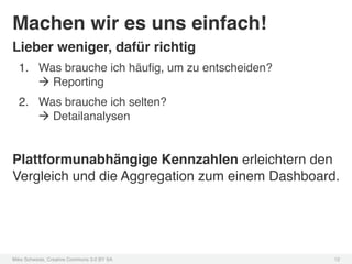 Machen wir es uns einfach!!
Lieber weniger, dafür richtig!
  1.  Was brauche ich häuﬁg, um zu entscheiden?  
      à Reporting!
  2.  Was brauche ich selten?  
      à Detailanalysen!


Plattformunabhängige Kennzahlen erleichtern den
Vergleich und die Aggregation zum einem Dashboard.!




Mike Schwede, Creative Commons 3.0 BY SA !          12!
 