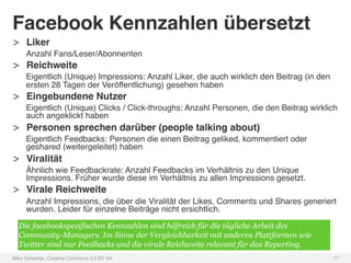 Facebook Kennzahlen übersetzt!
>  Liker!
     Anzahl Fans/Leser/Abonnenten!
>  Reichweite!
     Eigentlich (Unique) Impressions: Anzahl Liker, die auch wirklich den Beitrag (in den
     ersten 28 Tagen der Veröffentlichung) gesehen haben!
>  Eingebundene Nutzer!
     Eigentlich (Unique) Clicks / Click-throughs: Anzahl Personen, die den Beitrag wirklich
     auch angeklickt haben!
>  Personen sprechen darüber (people talking about)!
     Eigentlich Feedbacks: Personen die einen Beitrag geliked, kommentiert oder
     geshared (weitergeleitet) haben!
>  Viralität!
     Ähnlich wie Feedbackrate: Anzahl Feedbacks im Verhältnis zu den Unique
     Impressions. Früher wurde diese im Verhältnis zu allen Impressions gesetzt.!
>  Virale Reichweite!
     Anzahl Impressions, die über die Viralität der Likes, Comments und Shares generiert
     wurden. Leider für einzelne Beiträge nicht ersichtlich.!

  Die facebookspezifischen Kennzahlen sind hilfreich für die tägliche Arbeit des
  Community-Managers. Im Sinne der Vergleichbarkeit mit anderen Plattformen wie
  Twitter sind nur Feedbacks und die virale Reichweite relevant für das Reporting.
Mike Schwede, Creative Commons 3.0 BY SA !                                                  17!
 
