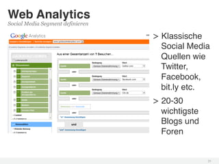 Web Analytics!
Social Media Segment definieren

                                  > Klassische
                                    Social Media
                                    Quellen wie
                                    Twitter,
                                    Facebook,
                                    bit.ly etc.!
                                  > 20-30
                                    wichtigste
                                    Blogs und
                                    Foren!


                                                 31!
 