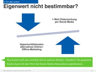 à Für alles andere

Eigenwert nicht bestimmbar?!

                                                = Wert Zielerreichung
                                                  per Social Media




                        Opportunitätskosten
                        alternatives Online-/
                         Offline-Marketing



     Was kostet mich das erreichte Ziel in anderen Medien / Kanälen? Die gesparten
     Kosten kann ich dem Wert der Social-Media-Massnahmen gleichsetzen.

Mike Schwede, Creative Commons 3.0 BY SA !                                       45!
 