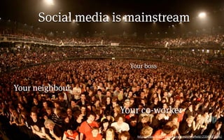Social media is mainstream


                     Your boss


Your neighbour

                   Your co-worker

                       http://www.ﬂickr.com/photos/matthewﬁeld/2306001896/
 