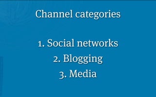 Channel categories

1. Social networks
    2. Blogging
     3. Media
 