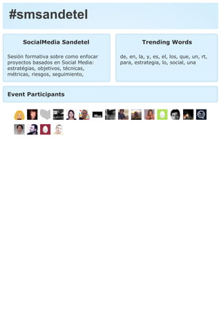 #smsandetel
      SocialMedia Sandetel                      Trending Words

Sesión formativa sobre como enfocar   de, en, la, y, es, el, los, que, un, rt,
proyectos basados en Social Media:    para, estrategia, lo, social, una
estratégias, objetivos, técnicas,
métricas, riesgos, seguimiento,



Event Participants
 